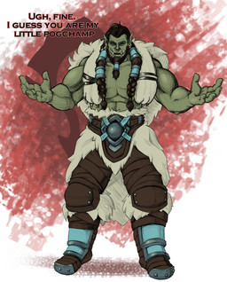 abstract_background animal_skin beard belt belt_buckle black_hair blue_eyes braided_beard braided_hair buckle clothed clothing facial_hair facial_piercing green_body green_skin hair looking_at_viewer male muscular nose_piercing nose_ring piercing pigtails ring_piercing solo text topless tusks twin_braids gimminygillickers blizzard_entertainment ugh_fine_i_guess_you_are_my_little_pogchamp warcraft thrall_(warcraft) humanoid orc absurd_res english_text hi_res meme