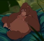 bodily_fluids breasts brown_body brown_fur eyes_closed female fingering forest fur genital_fluids genitals jungle lactating leaf masturbation nipples plant pussy slightly_chubby solo touching_own_breast tree vaginal vaginal_fingering vaginal_fluids inusen disney tarzan tarzan_(disney) kala_(tarzan) ape gorilla haplorhine mammal primate