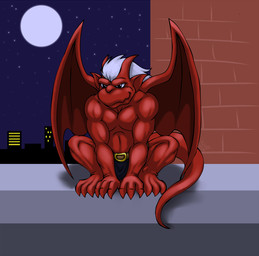 anthro belt bottomwear clothed clothing crouching full_moon hair horn humanoid_pointy_ears loincloth loincloth_only male membrane_(anatomy) membranous_wings moon night pointy_ears red_body smile solo star tail topless white_hair wings willrojo disney gargoyles brooklyn_(gargoyles) gargoyle scalie hi_res