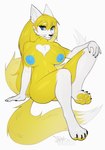 anthro big_breasts blue_eyes blue_nipples breasts chest_tuft dipstick_tail female fluffy fluffy_tail fur hair looking_at_viewer markings nipples nude pawpads smile solo tail tail_markings tuft whiskers white_body white_fur yellow_body yellow_fur yellow_pawpads erival akatosh canid canine fox mammal hi_res