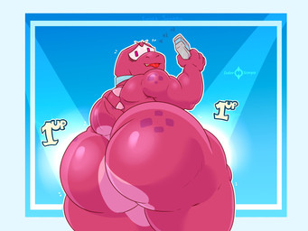anthro big_butt biped butt male pink_body solo standing tablet_computer tail text tongue tongue_out ender_scorpio gameoverse glitch_productions gobbles_(gameoverse) dinosaur prehistoric_species reptile scalie 2026 4:3 absurd_res hi_res