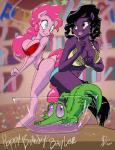 anthro anthrofied big_breasts black_hair blue_eyes bowl bra breasts brown_eyes cleavage clothed clothing container derp_eyes duo female fruit_punch hair panties pink_hair purple_eyes tongue tongue_out underwear threewontoo friendship_is_magic hasbro my_little_pony fan_character gummy_(mlp) pinkie_pie_(mlp) alligator alligatorid crocodilian earth_pony equid equine horse mammal pony reptile scalie 2015 absurd_res hi_res