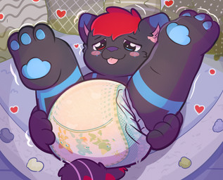 anthro bed black_body black_fur blush bodily_fluids clothed clothing diaper fur furniture genital_fluids genitals hair heart_symbol heterochromia legs_up looking_at_another lying lying_on_bed male on_bed presenting solo spread_legs spreading tail toddler tongue tongue_out unclean_diaper urine used_diaper watersports wearing_diaper wet_diaper wetting young skyemangopup dokifur domestic_cat felid feline felis mammal absurd_res digital_media_(artwork) hi_res