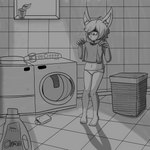 anthro appliance barefoot clothed clothing detergent feet female laundry laundry_basket laundry_machine laundry_room panties panties_only plant solo sweater topless topwear underwear underwear_only bastardcat3 lagomorph leporid mammal rabbit 1:1 absurd_res hi_res monochrome