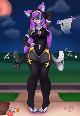 2_tails anthro armwear black_body black_clothing black_fur black_legwear black_thigh_highs claws clothed clothing collar digit_ring feet female fur hair heterochromia jewelry legwear long_hair multi_tail night nun pose purple_hair purple_sclera ring scar solo standing tail text thigh_highs toe_ring toes white_body white_fur pavotyson natalia_(pavotyson) felid feline ghost mammal spirit absurd_res digital_media_(artwork) hi_res