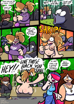 angry anthro areola banana black_body black_fur blush brown_hair clothed clothed_female clothing dark_body dark_skin dialogue embarrassed exhibit female food fruit fully_clothed fully_clothed_female fur group hair hair_over_eye hair_over_eyes male nipple_piercing nipples nude nude_female piercing plant pubes purple_eyelids speech_bubble sweater text topwear torn_clothing yelling theenfman cashew_nudin enna_fey ape gorilla haplorhine human mammal primate comic english_text hi_res