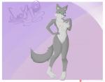 absurd_res anthro breasts canid canine canis english_text female fur genitals green_eyes grey_body grey_fur hi_res kattia_(leokato) leokato mammal nipples patreon patreon_logo patreon_username pink_background pose purple_background pussy simple_background solo standing text url white_body white_fur wolf