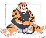 anthro belly big_belly bottomwear bulge clothing kemono male overweight overweight_male pink_nose shirt shorts simple_background sitting solo topwear inunoshippo nintendo ring_fit_adventure felid mammal pantherine tiger 2024 hi_res