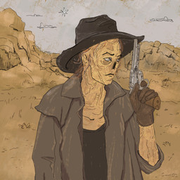 ambiguous_gender clothed clothing cowboy_hat desert duster_coat gloves gun handgun handwear hat headgear headwear holding_gun holding_object holding_ranged_weapon holding_weapon looking_aside missing_nose necrosis new_vegas not_furry outside raised_arm ranged_weapon revolver solo weapon wearing_hat lelyadraws fallout microsoft beatrix_russel ghoul_(fallout) humanoid 1:1 hi_res female_(lore)