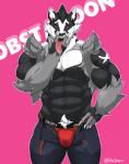 2019 abs absurd_res bodily_fluids bottomwear clothed clothing cunnilingus_gesture front_view generation_8_pokemon gesture hand_on_hip hi_res long_tongue male mammal muscular muscular_male nintendo obstagoon open_bottomwear open_clothing open_pants pants pecs pokemon pokemon_(species) raikarou saliva simple_background solo suggestive suggestive_gesture tongue tongue_out topless underwear