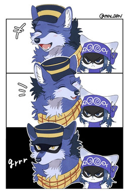 >:( angry anthro blue_body blue_eyes blue_fur blue_headkerchief blue_kerchief blush blush_lines clothed clothing duo ear_piercing ear_ring ears_back ears_up emanata fur growling hat headgear headkerchief headwear inner_ear_fluff kerchief laugh male neckerchief neckwear open_mouth patrol_cap piercing pivoted_ears ring_piercing shadow_on_face simple_background smile text three_frame_sequence tongue tuft yellow_eyes yellow_kerchief yellow_neckerchief mgld0n unamused_friend_comic_(meme) canid canine canis domestic_cat felid feline felis mammal wolf digital_media_(artwork) meme sequence signature