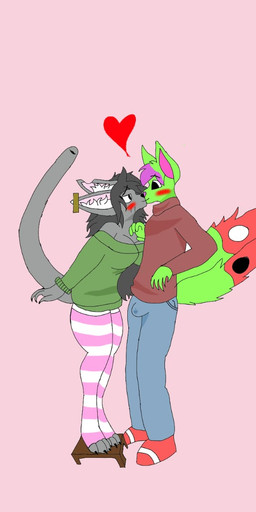 2_tails anthro big_breasts blush breasts bulge clothing duo female footwear fur green_body green_fur grey_body grey_fur grey_hair hair heart_symbol kissing male male/female multi_tail purple_hair socks stain tail thick_thighs mechi_d_wolf zorrito_the_kitzune_fox canid canine fox mammal unknown_species hi_res