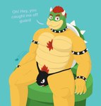 2_horns anthro barazoku big_pecs body_hair bracelet bulge chest_hair clothing collar dialogue horn jewelry king koopa_king looking_at_viewer male muscular pecs pubes royalty shell smile solo spiked_bracelet spiked_collar spikes text thick_thighs thong underwear privon mario_bros mythology nintendo bowser dragon koopa mythological_creature mythological_scalie scalie english_text hi_res