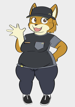5_fingers anthro biped black_nose breasts brown_body brown_eyes brown_fur brown_hair clothed clothed_anthro clothed_female clothing employee_uniform fangs female fingers front_view fully_clothed fully_clothed_anthro fully_clothed_female fur gesture hair hand_on_hip multicolored_body multicolored_fur open_mouth open_smile simple_background smile solo teeth waving wearing_hat white_background white_body white_fur white_inner_ear toonarscontent dogelore mcdonald's doge holly_avenue canid canine canis domestic_dog mammal shiba_inu spitz absurd_res hi_res meme