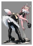 anthro boots border bottomwear breasts butt cleaning_tool clothed clothing crown eyes_closed feather_duster female footwear fur furgonomics grey_background hair headgear high_heeled_boots high_heels long_hair maid_uniform raised_bottomwear raised_clothing raised_skirt red_hair shoes simple_background skirt solo tail tail_through_skirt tiara topwear uniform white_border lessthan3 felid feline lynx mammal hi_res