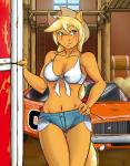 anthro anthrofied blonde_hair blush bottomwear breasts car cleavage clothed clothing cowboy_hat cutoffs daisy_dukes denim denim_bottomwear denim_clothing female freckles fur green_eyes hair hat headgear headwear hotpants midriff navel orange_body orange_fur shorts skimpy smile solo vehicle oldman_artist dodge_(brand) friendship_is_magic hasbro my_little_pony the_dukes_of_hazzard applejack_(mlp) general_lee earth_pony equid equine horse mammal pony 2014 hi_res