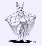 anthro belly_dancer bra breasts clothing dipstick_tail female looking_at_viewer markings multicolored_tail navel neck_tuft panties simple_background small_breasts smile solo standing tail tail_markings translucent translucent_clothing tuft underwear winged_arms wings rabbi-tom bat mammal megabat 2017 monochrome