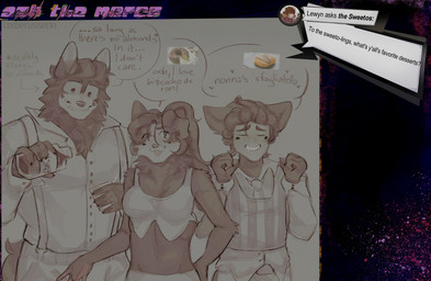 alcohol allergy anthro ask_blog belt beverage big_breasts bodily_fluids bottomwear breasts clothing collared_shirt container crop_top cup cute_fangs dessert dialogue dress_shirt drooling ear_piercing ear_ring facial_hair fangs female floppy_ears food glass glass_container glass_cup group hair_strands heart_symbol male markings midriff mole_(marking) navel necktie one_ear_up pants pie_cut_eyes piercing pouring pouring_alcohol ring_piercing saliva scared shaking shirt size_difference slicked_back_hair suspenders teeth text topwear traumatized trembling trio vest whiskey whiskey_bottle cerberussenn leon_sweeto_(cerberussenn) liz_sweeto_(cerberussenn) luan_sweeto_(cerberussenn) animal_humanoid canid canid_humanoid canine canine_humanoid canis humanoid hybrid mammal mammal_humanoid wolf wolf_humanoid absurd_res english_text hi_res signature brother_(lore) brother_and_sister_(lore) brothers_(lore) cousins_(lore) sibling_(lore) sister_(lore)