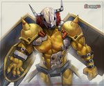 abs anthro armor broken_armor hair headgear helmet horn male muscular muscular_anthro muscular_male nipples orange_body pecs red_hair solo lerionproject bandai_namco digimon digimon_(species) scalie wargreymon hi_res