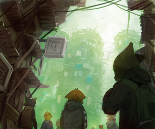 anthro backpack city clothed clothing crowd detailed_background group outside sign standing text walking panzery25 bear canid canine canis domestic_cat felid feline felis mammal wolf 2017 6:5 english_text signature