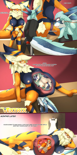 5_fingers >_< abdominal_bulge anthro anthro_on_anthro anthro_pred anthro_prey barbel_(anatomy) black_body black_ears black_fur bladder blue_body blue_eyes blue_hair braided_hair breasts clothed clothed_anthro clothed_female clothed_prey clothing crossed_legs duo eyes_closed female female/female female_anthro female_pred female_prey fingers flesh_whiskers fully_clothed fully_clothed_anthro fully_clothed_female fully_inside fur genitals hair head_first inside_uterus internal internal_vaginal knee_tuft leg_tuft lying maid_uniform mommy_kink navel nipples nude nude_anthro nude_female nude_pred on_side orange_body orange_ears orange_eyes orange_fur organs partially_inside pokemorph pregnant pupils sitting spread_legs spreading tan_hair tan_inner_ear text transformation transformation_through_vore tuft umbilical_cord unbirthing uniform uterus vaginal vore vulva white_body white_pupils vextrix nintendo pokemon arcanine eeveelution generation_1_pokemon pokemon_(species) vaporeon absurd_res comic english_text hi_res