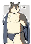 anthro asian_clothing belly black_clothing black_fundoshi black_underwear clothing east_asian_clothing eyes_closed fundoshi japanese_clothing kemono male moobs nipples overweight overweight_anthro overweight_male solo tired underwear undressing cai1448331577 canid canine canis domestic_dog mammal 2020 hi_res