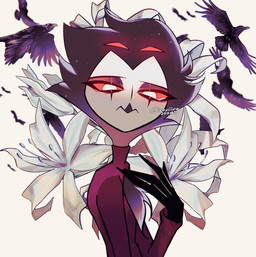 4_eyes 4_fingers anthro beak black_beak bodily_fluids chest_tuft cleavage_cutout clothed clothing cutout eyebrows eyelashes eyeshadow feather_hair feather_tuft feathers fingers flower fluffy fluffy_chest frown glowing glowing_eyes glowing_pupils grey_body grey_feathers hair half-closed_eyes keyhole_turtleneck lily_(flower) long_fingers looking_at_viewer makeup male multi_eye narrowed_eyes plant pseudo_hair red_sclera short_hair simple_background solo sweater tears teary_eyes text topwear tuft turtleneck white_background iroriiro hellaverse helluva_boss stolas_(helluva_boss) avian bird corvid corvus_(genus) demon oscine owl owl_demon passerine raven artist_name compression_artifacts half-length_portrait hi_res portrait signature watermark