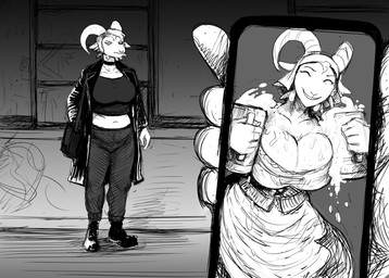 alcohol annoyed anthro beer beer_mug beverage big_breasts bottomwear breasts cellphone choker cigarette cleavage clothed clothing curved_horn disembodied_hand dress duo electronics eyes_closed female female_focus footwear frown fully_clothed holding_cellphone holding_cigarette holding_object holding_phone holding_smartphone horn huge_breasts jacket jewelry looking_at_viewer midriff necklace pants phone shoes smartphone smile solo solo_focus topwear hladilnik goat_barmaid_(hladilnik) bovid caprine goat mammal dialogue_in_description hi_res