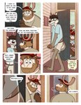 anthro antlers beard bulge canid canine canis clothed clothing comic dialogue doorway duo embarrassed english_text erection erection_under_clothing eyewear facial_hair glasses hi_res horn leo_(nardodraws) male mammal nardodraws rodney_(nardodraws) speech_bubble text unwanted_erection wolf