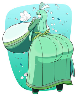 anthro asian_clothing big_breasts big_butt breasts bubble_butt butt cleavage clothed clothing east_asian_clothing female green_clothing huge_breasts huge_butt hyper hyper_breasts hyper_butt japanese_clothing kimono simple_background solo shinyillusionz nintendo pokemon celesteela generation_7_pokemon pokemon_(species) ultra_beast hi_res