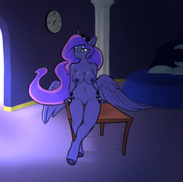 anthro bed bedroom big_breasts breasts casual_nudity clock female furniture genitals horn looking_aside nipples nude sitting solo table vulva wings intox friendship_is_magic hasbro my_little_pony mythology princess_luna_(mlp) equid equine mammal mythological_creature mythological_equine winged_unicorn hi_res