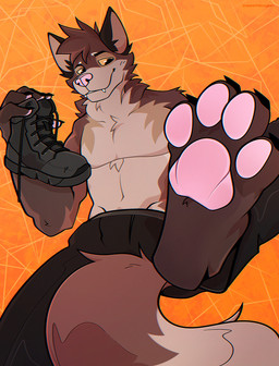 anthro brown_body brown_fur feet foot_fetish foot_focus fur male orange_background paws raised_leg simple_background speechlessyeen kunky_wolf canid canine canis mammal wolf hi_res