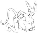 anthro barefoot clothed clothing feet hand_on_butt jockstrap kneeling male one_eye_closed simple_background skinny_male solo topless underwear white_background wink thegreatmatsutzu dragon_ball dragon_ball_super beerus black_and_white monochrome sketch