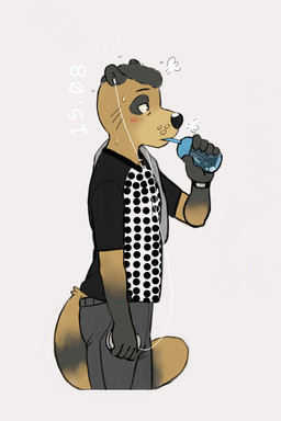 anthro black_hair black_hands black_nose bodily_fluids bottle bottomwear brown_body brown_eyes brown_fur clothing container electronics fur hair headphones looking_forward male pants shirt simple_background solo standing sweat tail topwear water_bottle whisker_spots white_background p_rindustries p_rindustries_(p_rindustries) canid canine mammal raccoon_dog tanuki 2:3 hi_res