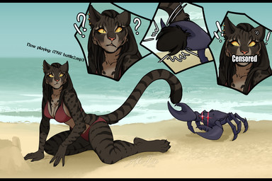 anthro battle beach bikini censor_bar claws clothing crab_claw cross-popping_vein duo ear_piercing ear_ring female fur fur_markings markings pain piercing profanity question_mark ring_piercing swimwear tail tail_grab two-piece_swimsuit yellow_eyes ale-tie bethesda_game_studios microsoft skyrim the_elder_scrolls felina'ma arthropod crab crustacean decapod felid feline khajiit malacostracan mammal 3:2 hi_res