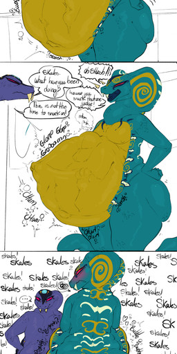 abdominal_bulge ambiguous_gender ambiguous_prey anthro big_butt blush butt butt_expansion death digestion digestion_noises duo expansion group huge_butt male male_pred nude nude_male oral_vore rumbling_stomach scales text trio vore weight_gain itskorrie lego ninjago pythor_(ninjago) skales_(ninjago) anacondrai hypnobrai python reptile scalie serpentine_(ninjago) snake absurd_res comic english_text hi_res sequence