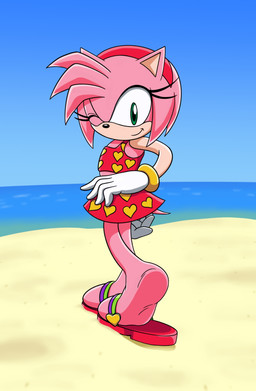 anthro beach blob_feet clothing eyelashes featureless_feet feet female flip_flops foot_focus footwear green_eyes hand_on_hip head_tuft looking_at_viewer one_eye_closed pink_body plantigrade raised_heel sandals shoes solo swimwear tuft wink winking_at_viewer karusutomoe sega sonic_the_hedgehog_(series) amy_rose eulipotyphlan hedgehog mammal hi_res