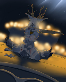 3_toes anthro anthrofied antlers areola arm_tuft backlighting bandage bare_shoulders big_feet biped black_claws black_horn black_nose blood blood_stain blue_body blue_fur bodily_fluids breasts candle claws cleavage clothed clothing covering covering_crotch covering_self depth_of_field detailed_background digitigrade dutch_angle ear_tuft erect_nipples fangs feet female fire front_view fur hand_on_breast horn inner_ear_fluff inside jewelry light light_beam long_ears machete medium_breasts melee_weapon midriff mouth_hold navel necklace nipple_slip nipples open_mouth partially_clothed particles pendant purple_nipples sharp_teeth shoulder_tuft sitting smile solo stain sunbeam sunlight teeth toes torn_clothing tuft under_boob veil weapon white_clothing derangedrake bloodborne fromsoftware mythology sony_corporation sony_interactive_entertainment vicar_amelia beast_(bloodborne) canid canine canis mammal monster mythological_canine mythological_creature werecanid werecanine werecreature werewolf wolf digital_media_(artwork) full-length_portrait hi_res lighting portrait