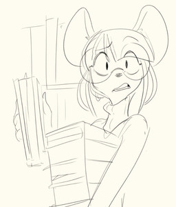 anthro book clothed clothed_anthro clothed_female clothing eyebrows eyewear female female_anthro glasses looking_at_viewer raised_eyebrow solo sweater three-quarter_view topwear ethan8bit esther_(ethan8bit) mammal mouse murid murine rodent black_and_white hi_res monochrome sketch