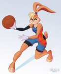 ball basketball_(ball) basketball_uniform blonde_hair blue_eyes breasts brown_body brown_fur clothing female fluffy fluffy_tail fur gloves grey_background hair handwear ponytail_ears simple_background small_breasts smile solo sportswear tail uniform dedoarts looney_tunes space_jam space_jam:_a_new_legacy warner_brothers lola_bunny lagomorph leporid mammal rabbit dated full-length_portrait hi_res portrait