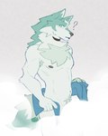 anthro grey_background male nipples nude question_mark simple_background solo steam towel thesketchfox brand_new_animal studio_trigger shirou_ogami canid canine canis mammal wolf 2025 absurd_res colored hi_res