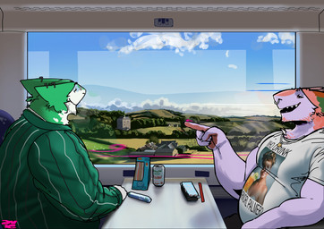 anthro beverage building chain_necklace clothing cloud collared_shirt countryside detailed_background dress_shirt ear_piercing facial_hair facial_piercing furniture gesture hand_gesture house jewelry landscape lock male male/male necklace nose_piercing open_mouth overweight overweight_male piercing plant pointing septum_piercing shirt sky smile t-shirt table tight_clothing tight_shirt tight_topwear topwear train tree vehicle window aviesergal avie laura_palmer sergal hi_res
