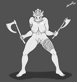 anthro armor axe breasts claws fangs female hair headgear helmet holding_object holding_weapon melee_weapon muscular muscular_anthro muscular_female nipples open_mouth open_smile pubes simple_background smile solo tattoo teeth weapon lyorenth-the-dragon mythology dragon mythological_creature mythological_scalie scalie absurd_res hi_res monochrome