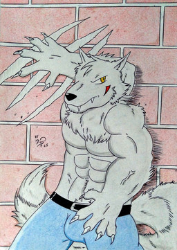 abs anthro barazoku biceps big_muscles black_nose blue_bottomwear blue_clothing blue_jeans blue_pants bottomwear brick brick_wall bulge chest_fur claws clothed clothing denim denim_bottomwear denim_clothing fur grey_body grey_fur huge_muscles jeans looking_at_viewer male male_anthro manly markings muscular muscular_anthro muscular_arms muscular_male pants pecs red_markings scratches scratching sharp_teeth tail teeth topless topless_anthro topless_male vein veiny_muscles wall_(structure) yellow_eyes dashthefox mythology canid canine mammal mythological_canine mythological_creature werecanid werecanine werecreature werewolf 2025 absurd_res colored_pencil_(artwork) hi_res remake traditional_media_(artwork)