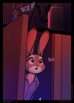 anthro blush blush_lines clothing dialogue door female fur grey_body grey_fur inside purple_eyes shirt solo topwear unbuttoned_shirt wide_eyed twelvenine disney zootopia judy_hopps lagomorph leporid mammal rabbit 2026 absurd_res comic digital_drawing_(artwork) digital_media_(artwork) hi_res unavailable_at_source