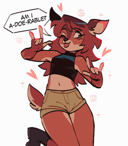 blep boots bottomwear clothing crop_top female fingerless_(marking) footwear freckles gloves_(marking) hair heart_symbol markings midriff navel one_eye_closed red_hair scut_tail shirt shoes short_tail shorts simple_background solo speech_bubble tail text tongue tongue_out topwear merenge merenge_(character) deer mammal 2025 colored digital_drawing_(artwork) digital_media_(artwork) english_text hi_res portrait three-quarter_portrait