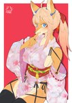 5_fingers anthro asian_clothing big_breasts blonde_hair blue_eyes border breasts clothing east_asian_clothing female female_anthro fingers hair kemono looking_at_viewer red_background rope simple_background sitting smile solo tongue tongue_out white_border ayabemiso canid canine fox mammal 2021 hi_res