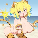 animal_print big_breasts bikini blonde_hair blue_eyes blue_highlights blue_sky breasts claws clothing cute_fangs day fangs female fur hair highlights_(coloring) huge_breasts inner_ear_fluff light_body light_skin open_mouth orange_bikini orange_body orange_clothing orange_fur orange_swimwear outside pattern_clothing sand sea sky solo sparkles strap_gap striped_clothing stripes swimwear teeth tiger_print tuft two-piece_swimsuit water cromachina bombergirl bomberman konami pine_(bombergirl) animal_humanoid felid felid_humanoid humanoid mammal mammal_humanoid pantherine pantherine_humanoid tiger_humanoid 1:1 absurd_res digital_media_(artwork) hi_res