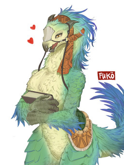 2_horns anthro beak book bridle clothing feathers featureless_chest featureless_crotch female female_anthro front_view green_body green_feathers headgear headwear heart_symbol holding_book holding_object horn pupils reins slit_pupils solo tail tail_feathers yellow_eyes fukoiri capcom monster_hunter bird_wyvern seikret 3:4 hi_res