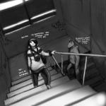 1:1 abandoned abandoned_building black_and_white camera canid canine canis clothed clothing comic creepy dialogue domestic_dog duo english_text equid equine female graffiti hi_res hladilnik horse male mammal michelle_(hladilnik) monochrome school stairs text will_(hladilnik) zebra